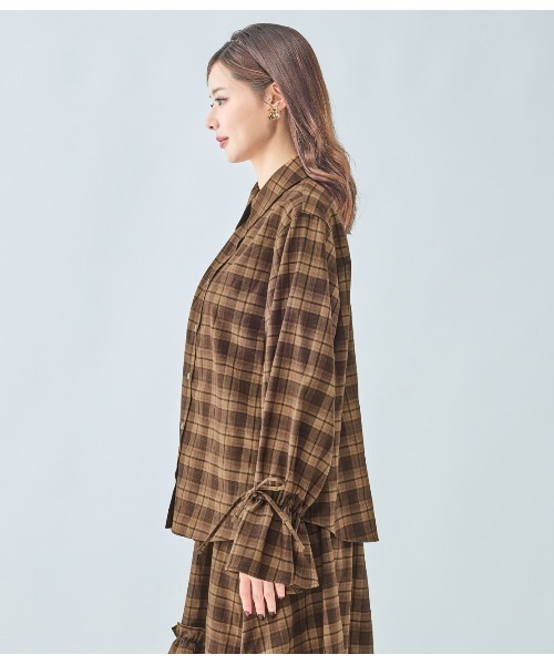 チェックギャザーフレアスリーブシャツ（シャツ/ブラウス）｜PEACH