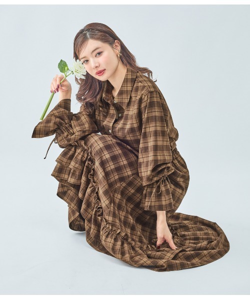 PEACH JOHN（ピーチジョン）の「チェックギャザーフレアスリーブシャツ（シャツ/ブラウス・レディース・ブラック/ブラウン・ONE SIZE）」の19枚目の写真