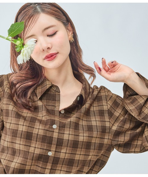 PEACH JOHN（ピーチジョン）の「チェックギャザーフレアスリーブシャツ（シャツ/ブラウス・レディース・ブラック/ブラウン・ONE SIZE）」の20枚目の写真