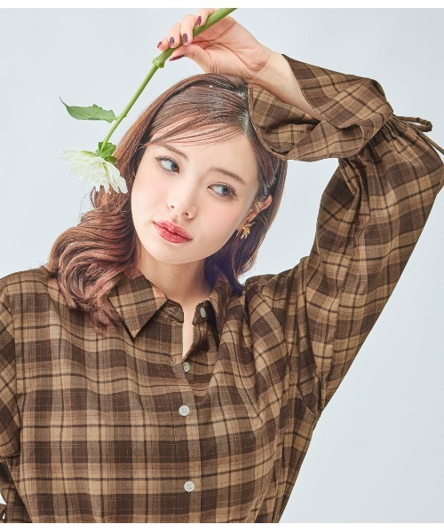 PEACH JOHN（ピーチジョン）の「チェックギャザーフレアスリーブシャツ（シャツ/ブラウス・レディース・ブラック/ブラウン・ONE SIZE）」の21枚目の写真