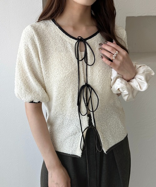 apres jour clair(アプレジュールクレア)の「【apres jour clair】カットシャギーリボンカーディガン(Tシャツ/カットソー・レディース・ベージュ/アイボリー・フリー/X-LARGE)」の1枚目の写真