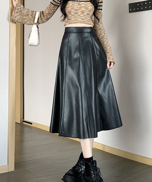 shoppinggo(ショッピングゴー)の「レザースカート レディース PUスカート ハイウエスト ロング Aラインスカート ギャザースカート(スカート・レディース・ブラック/ブラウン/ベージュ・M)」の2枚目の写真