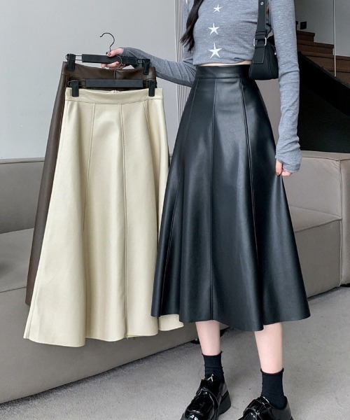 shoppinggo(ショッピングゴー)の「レザースカート レディース PUスカート ハイウエスト ロング Aラインスカート ギャザースカート(スカート・レディース・ブラック/ブラウン/ベージュ・M)」の9枚目の写真