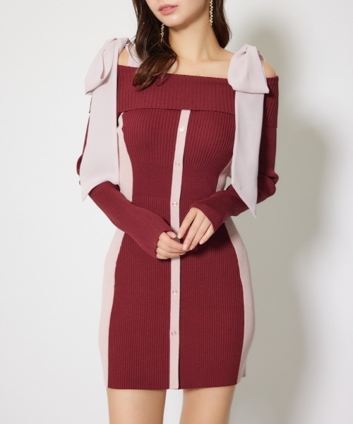 セール】バイカラーオフショルリボンニットミニワンピース 秋服 冬服