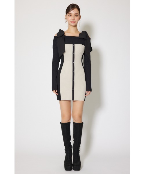 セール】バイカラーオフショルリボンニットミニワンピース 秋服 冬服
