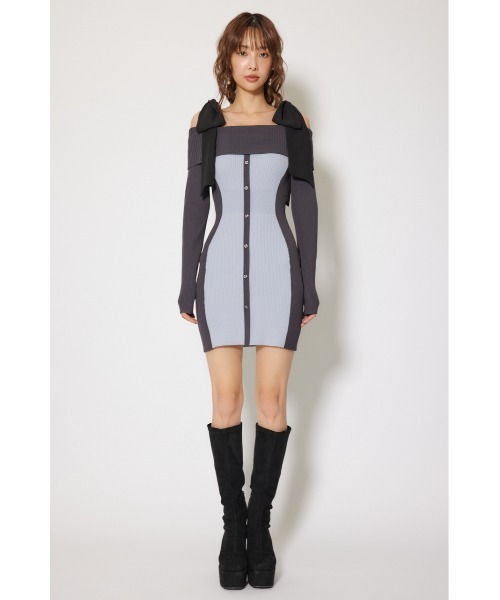 セール】バイカラーオフショルリボンニットミニワンピース 秋服 冬服
