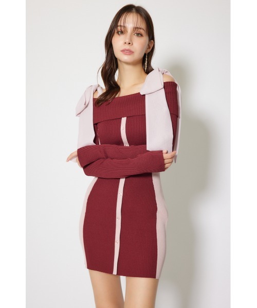 セール】バイカラーオフショルリボンニットミニワンピース 秋服 冬服