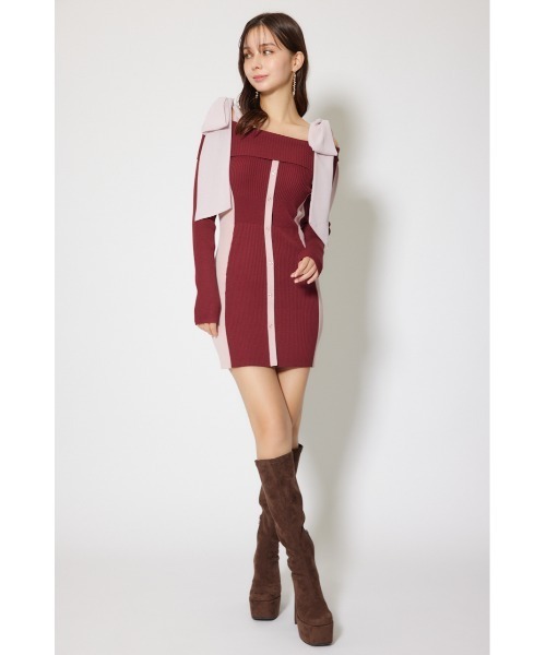 セール】バイカラーオフショルリボンニットミニワンピース 秋服 冬服