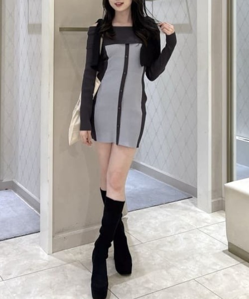 バイカラーオフショルリボンニットミニワンピース 秋服 冬服