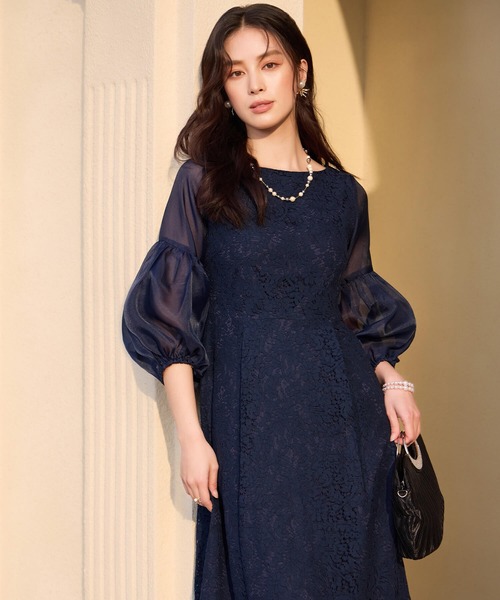Cinderella（シンデレラ）の「ロングドレス ドレス パーティー 結婚式 セレモニー レース シアー袖 ラウンドネック Aライン ミモレ丈 透け感 5分袖 七分袖 結婚式 謝恩会 発表会 食事会 可愛い きれいめ すっきり 着心地 ゆったり 上品 フォーマル 大人 抜け感 カジュアル 大きいサイズ 二次会 演奏会 同窓会 袖あり 黒 紺（ドレス・レディース・ブラック/ネイビー・LARGE/X-LARGE/MEDIUM）」の9枚目の写真