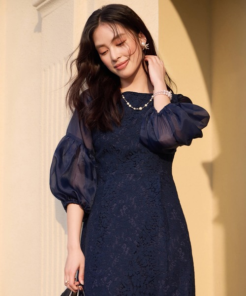 Cinderella（シンデレラ）の「ロングドレス ドレス パーティー 結婚式 セレモニー レース シアー袖 ラウンドネック Aライン ミモレ丈 透け感 5分袖 七分袖 結婚式 謝恩会 発表会 食事会 可愛い きれいめ すっきり 着心地 ゆったり 上品 フォーマル 大人 抜け感 カジュアル 大きいサイズ 二次会 演奏会 同窓会 袖あり 黒 紺（ドレス・レディース・ブラック/ネイビー・LARGE/X-LARGE/MEDIUM）」の10枚目の写真