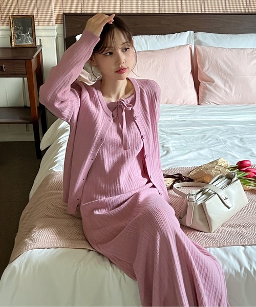 rirenda リレンダ フリルカーディガン付きワンピース 薄ピンク 新品未使用 セール】【2Set・着用動画あり・4色展開】ニットカーディガン＋