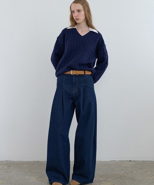 Kijun(キジュン)の「【NYLON JP 1月号 掲載】Kijun/キジュン Shirt Collar V-Neck Knit メリノウール ケーブル編み 襟付きニット 冬服(ニット/セーター・レディース・ネイビー/ミックスグレー・S/M)」の2枚目の写真