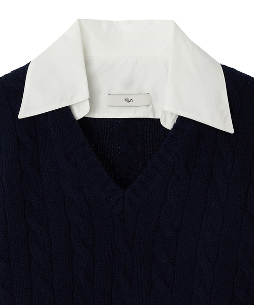 Kijun(キジュン)の「【NYLON JP 1月号 掲載】Kijun/キジュン Shirt Collar V-Neck Knit メリノウール ケーブル編み 襟付きニット 冬服(ニット/セーター・レディース・ネイビー/ミックスグレー・S/M)」の5枚目の写真