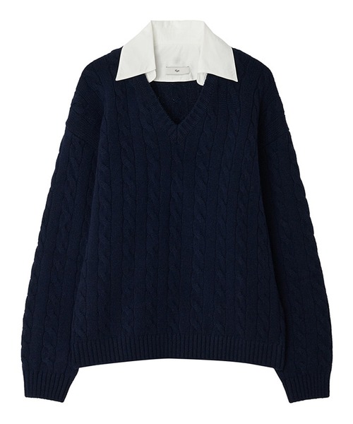 Kijun(キジュン)の「【NYLON JP 1月号 掲載】Kijun/キジュン Shirt Collar V-Neck Knit メリノウール ケーブル編み 襟付きニット 冬服(ニット/セーター・レディース・ネイビー/ミックスグレー・S/M)」の12枚目の写真