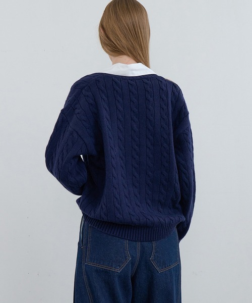 Kijun(キジュン)の「【NYLON JP 1月号 掲載】Kijun/キジュン Shirt Collar V-Neck Knit メリノウール ケーブル編み 襟付きニット 冬服(ニット/セーター・レディース・ネイビー/ミックスグレー・S/M)」の7枚目の写真
