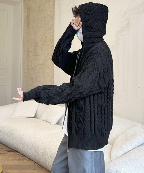 セール】【FVLMEN】cable knit zip parka/ケーブル編み ニット ジップ