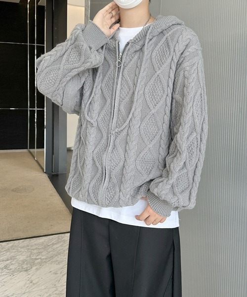 セール】【FVLMEN】cable knit zip parka/ケーブル編み ニット ジップ