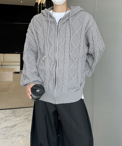 セール】【FVLMEN】cable knit zip parka/ケーブル編み ニット ジップ