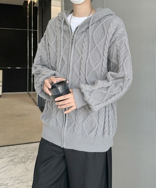 セール】【FVLMEN】cable knit zip parka/ケーブル編み ニット ジップ