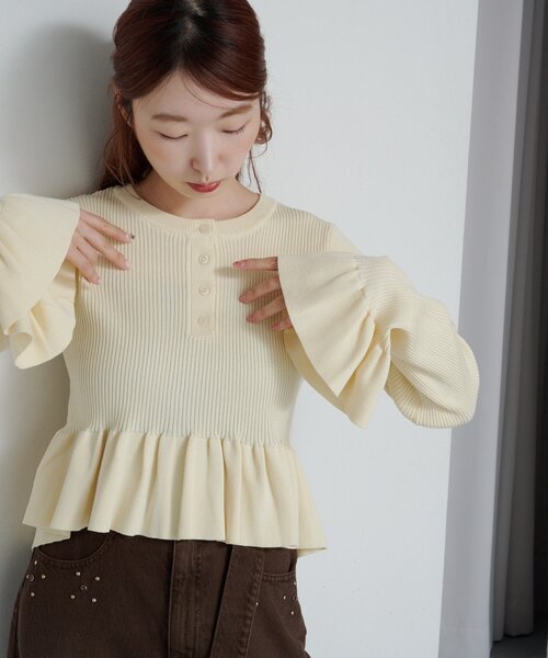 セール】【ボーダ&無地】ペプラムヘンリーニット（ニット/セーター