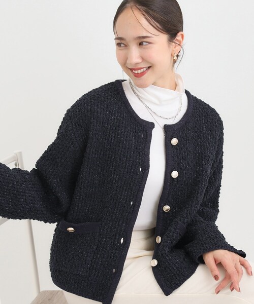 DRESKIP（ドレスキップ）の「カジュアルにも きれいめにも ぽこぽこニットカーディガン（カーディガン/ボレロ・レディース・ネイビー/オフホワイト・01/02/03/04）」の2枚目の写真