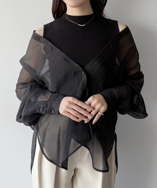 【ライトベージュ】mipiarl  2WAYシャツブラウス+ノースリニットセット セール】2WAYシャツブラウス＋ノースリニットセット（シャツ/ブラウス