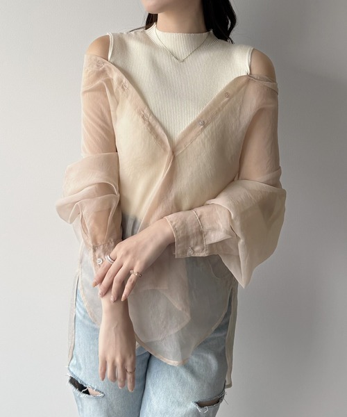 mipiarl(ミピアール)の「2WAYシャツブラウス+ノースリニットセット(シャツ/ブラウス・レディース・ピンクベージュ/ライトベージュ/ブラック・LARGE/MEDIUM/SMALL)」の6枚目の写真