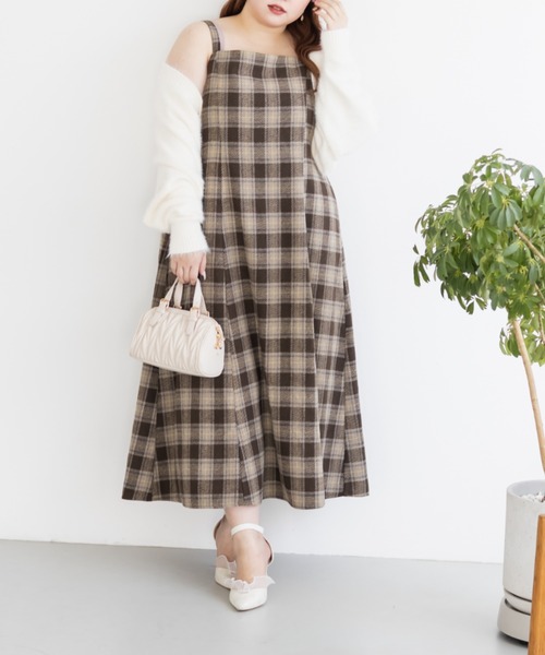 CLETTE(クレット)の「CLETTEオリジナルフェイクウールチェック柄ジャンスカワンピース(ワンピース・レディース・オフホワイト/チャコールグレー/ベージュ・LL/3L/4L)」の3枚目の写真
