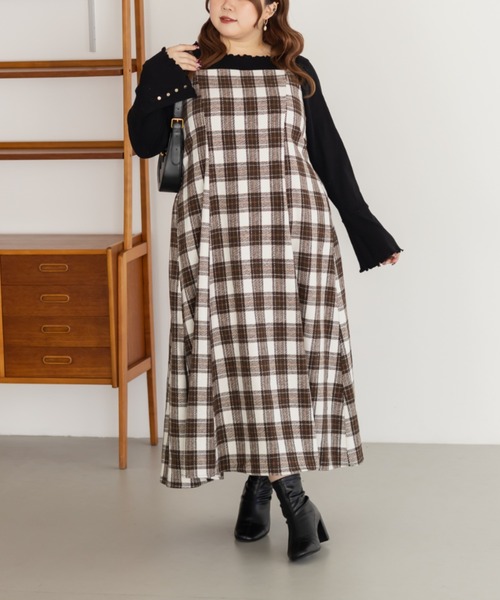CLETTE(クレット)の「CLETTEオリジナルフェイクウールチェック柄ジャンスカワンピース(ワンピース・レディース・オフホワイト/チャコールグレー/ベージュ・LL/3L/4L)」の2枚目の写真