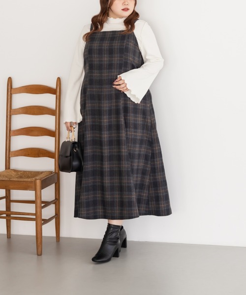 CLETTE(クレット)の「CLETTEオリジナルフェイクウールチェック柄ジャンスカワンピース(ワンピース・レディース・オフホワイト/チャコールグレー/ベージュ・LL/3L/4L)」の10枚目の写真