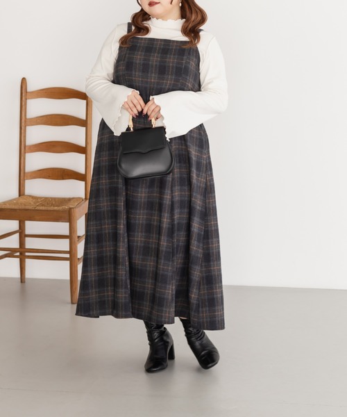 CLETTE(クレット)の「CLETTEオリジナルフェイクウールチェック柄ジャンスカワンピース(ワンピース・レディース・オフホワイト/チャコールグレー/ベージュ・LL/3L/4L)」の9枚目の写真