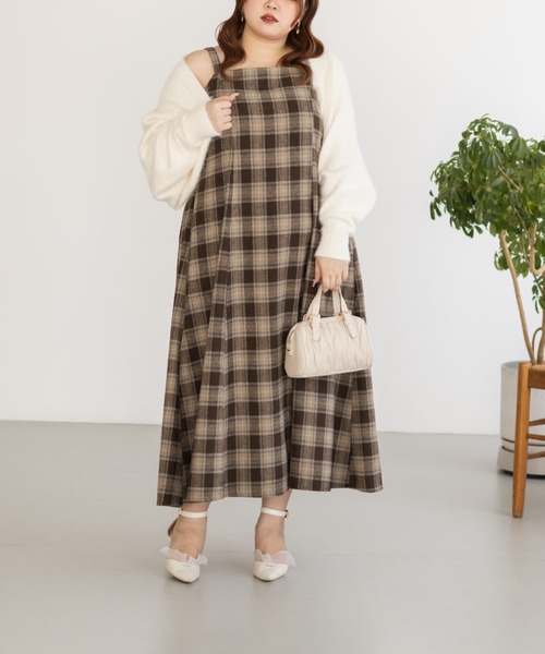 CLETTE(クレット)の「CLETTEオリジナルフェイクウールチェック柄ジャンスカワンピース(ワンピース・レディース・オフホワイト/チャコールグレー/ベージュ・LL/3L/4L)」の13枚目の写真