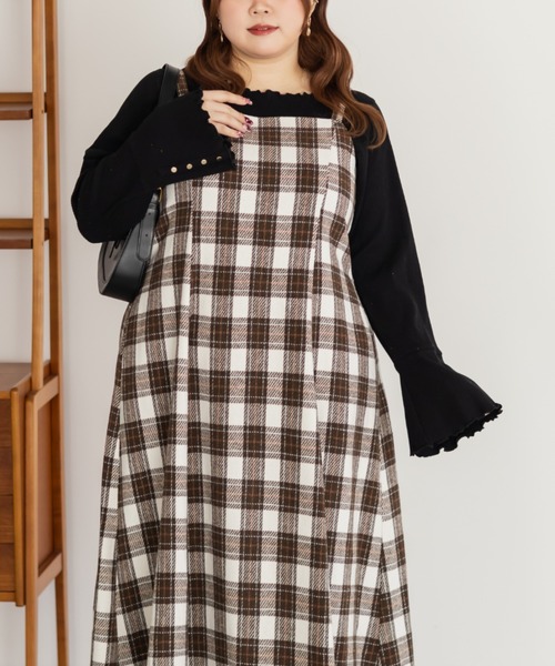 CLETTE(クレット)の「CLETTEオリジナルフェイクウールチェック柄ジャンスカワンピース(ワンピース・レディース・オフホワイト/チャコールグレー/ベージュ・LL/3L/4L)」の7枚目の写真