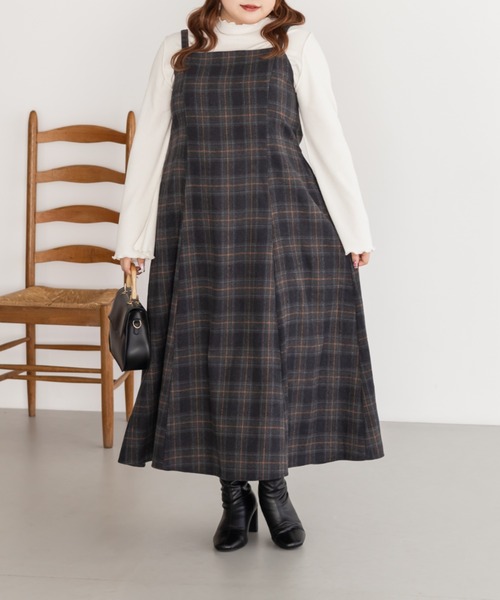 CLETTE(クレット)の「CLETTEオリジナルフェイクウールチェック柄ジャンスカワンピース(ワンピース・レディース・オフホワイト/チャコールグレー/ベージュ・LL/3L/4L)」の8枚目の写真