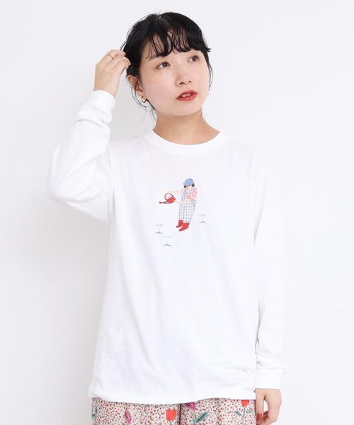 l'atelier du savon(アトリエドサボン)の「植物おせわ係 アップリケ刺繍ロンT(Tシャツ/カットソー・レディース・ホワイト/グレー・FREE)」の6枚目の写真