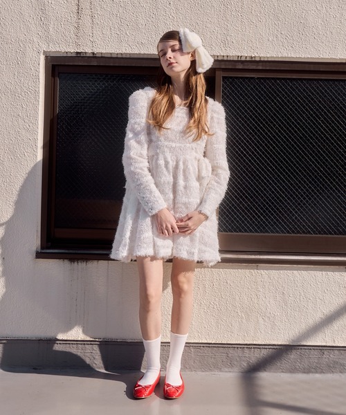 セール】【mieya mieya】SHAGGY RIBBON MINI OP/シャギーリボンミニ