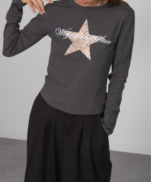 MEMECLE(メメクル)の「【MEMECLE/メメクル】スターレオパード Y2KロンT ピチT(Tシャツ/カットソー・レディース・ホワイト/ブラック/グレー・FREE)」の1枚目の写真