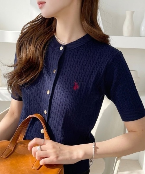 U.S. POLO ASSN.(ユーエスポロアッスン)の「【U.S. POLO ASSN.】ワンポイント 刺繍 ケーブル 半袖 カーディガン(カーディガン/ボレロ・レディース・ブラック×ホワイト/レッド/ネイビー/オフホワイト・M/L)」の3枚目の写真