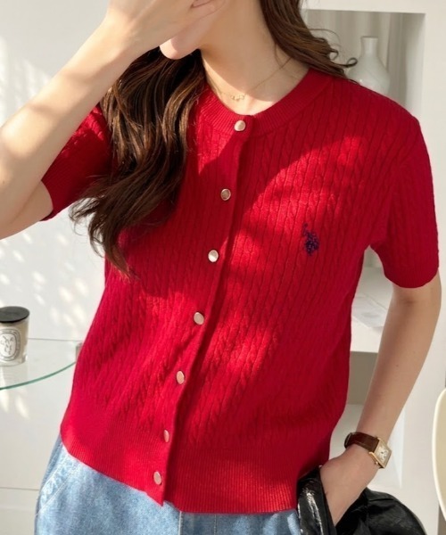 U.S. POLO ASSN.(ユーエスポロアッスン)の「【U.S. POLO ASSN.】ワンポイント 刺繍 ケーブル 半袖 カーディガン(カーディガン/ボレロ・レディース・ブラック×ホワイト/レッド/ネイビー/オフホワイト・M/L)」の4枚目の写真