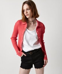RIBBED COLLAR KNIT CARDIGAN (VIVA MAGENTA)