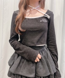 スクエアネックバイカラーリボントップス