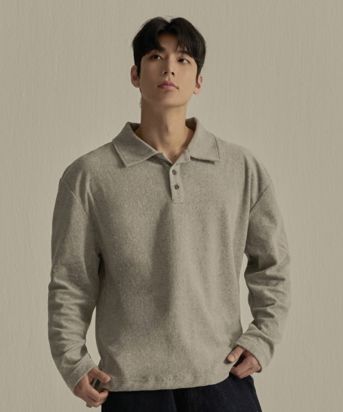 NINEZ(ナインゼット)の「ソフトテリーオーバーサイズ長袖カラーTシャツ(メランジグレー)24PL01(ポロシャツ・メンズ・ミックスグレー・M/L/XL)」の2枚目の写真