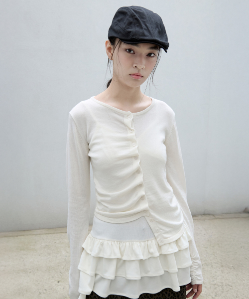 ROLAROLA(ロラロラ)の「SHIRRING BUTTON UNBALANCE CARDIGAN IVORY(カーディガン/ボレロ・レディース・アイボリー・FREE)」の1枚目の写真