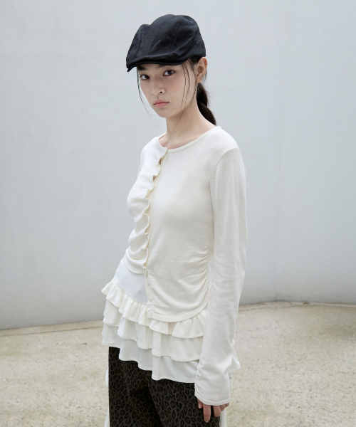 ROLAROLA(ロラロラ)の「SHIRRING BUTTON UNBALANCE CARDIGAN IVORY(カーディガン/ボレロ・レディース・アイボリー・FREE)」の2枚目の写真