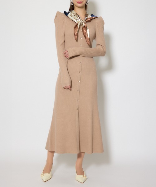 rienda ニット ワンピース ベージュ スカーフ付きマーメイドニットワンピース 春服（ワンピース）｜rienda