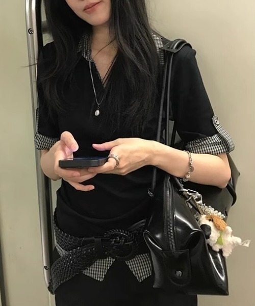 lilful（リルフル）の「【26年春夏新作】フェイクレイヤード シャツドッキング チェック柄 半袖ポロシャツ（Tシャツ/カットソー・レディース・ブラック・M/L）」の11枚目の写真