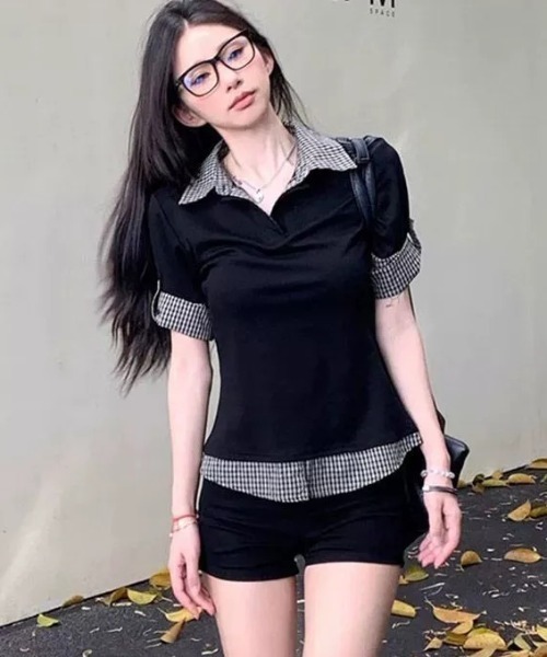 lilful（リルフル）の「【26年春夏新作】フェイクレイヤード シャツドッキング チェック柄 半袖ポロシャツ（Tシャツ/カットソー・レディース・ブラック・M/L）」の17枚目の写真
