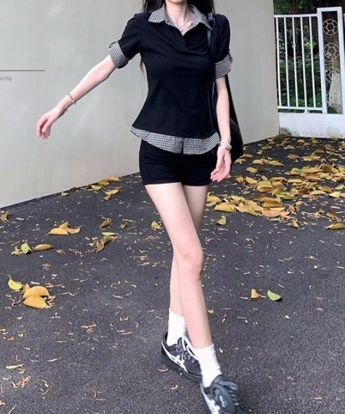 lilful（リルフル）の「【26年春夏新作】フェイクレイヤード シャツドッキング チェック柄 半袖ポロシャツ（Tシャツ/カットソー・レディース・ブラック・M/L）」の19枚目の写真