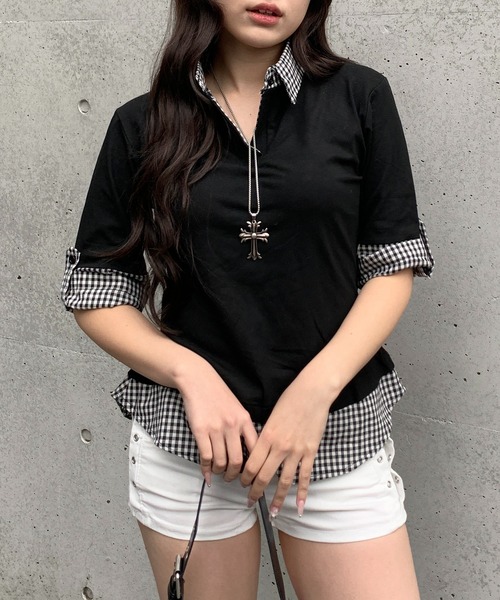 lilful（リルフル）の「【26年春夏新作】フェイクレイヤード シャツドッキング チェック柄 半袖ポロシャツ（Tシャツ/カットソー・レディース・ブラック・M/L）」の5枚目の写真